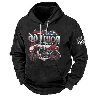 Men's Hoodie Vintage Route Chic 66 Motorcycle Print Pocket Sweatshirt