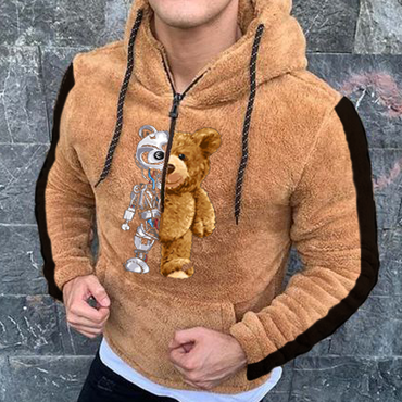 Men's Bear Pattern Splash Chic Ink Half Zipper Hoodies