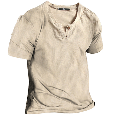 Men's Vintage Linen Henley Collar Chic Short Sleeve T-shirt