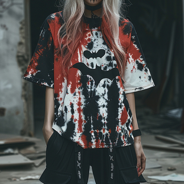 Oversized Halloween T-shirt Pumpkin Chic Bat Tie-dye T-shirt Gothic Dark T-shirt