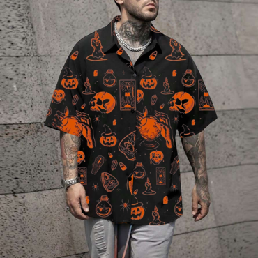 Men's Halloween Skull Print Chic Shirt With Lapel And Short Sleeves