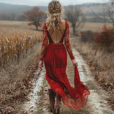 Retro Plaid Long Sleeve Chic Dress Sexy Long Dress