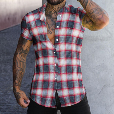 Men's Slim Fit Casual Chic Check Shirt Short Sleeve Cardigan Top