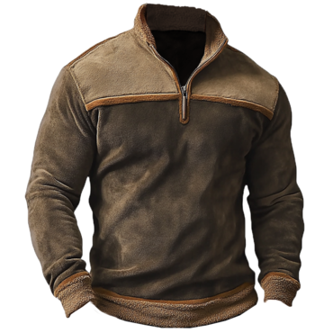 Men's Vintage Suede Patchwork Chic Lamb Fleece Quarter Zip Stand Collar Sweatshirts