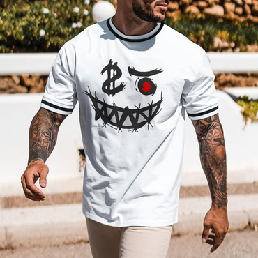 Smiley Face Print T-shirt Chic Men's Casual Color Matching Short-sleeved T-shirt