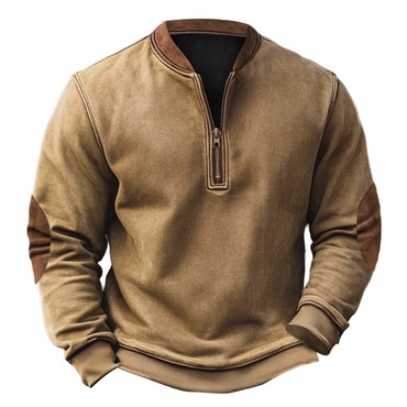 Men's Vintage Elbow Patch Chic Color Block Henley Zipper Long Sleeve Sweatshirt