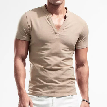 Men's Casual Deep V-neck Chic Slim Short-sleeved T-shirt Pure Cotton Solid Color Stretch Tight Top