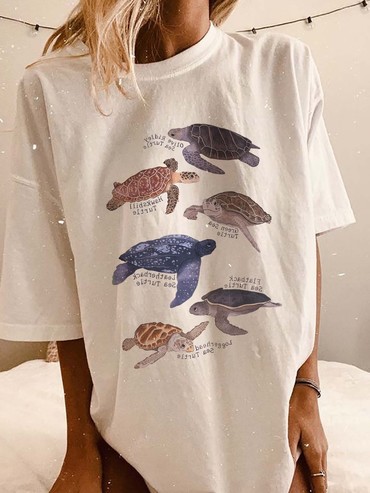 Women's Sea Turtle Marine Chic Life Print Loose T-shirt