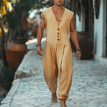 Men's Holiday Sleeveless Button-down Chic Simple Casual Linen Jumpsuit