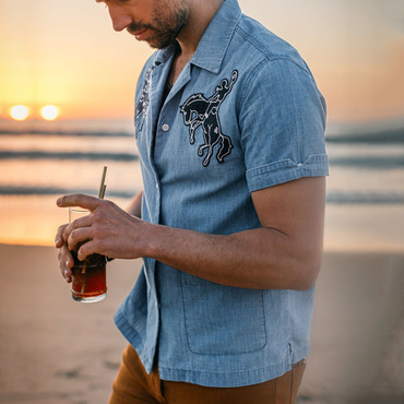 Men's Vintage Denim Horse Chic Embroidery Print Surf Beach Pocket Lapel Short Sleeve Shirt