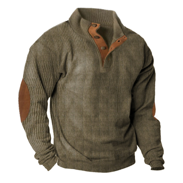 Original Design Men's Corduroy Chic Patchwork Color Block Casual Stand Collar Henley Sweatshirt