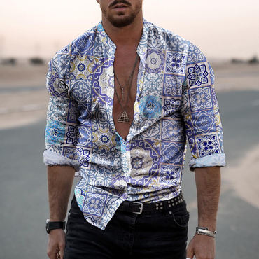 Retro Mens Holiday Ethnic Chic Style Stitching Printed Shirt