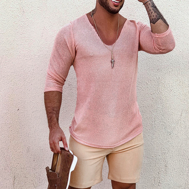 Men's Deep V Neck Chic Breathable Linen Cotton Mid Sleeve T-shirt