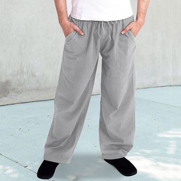 Men's Casual Solid Color Chic Cotton Linen Quick Dry Loose Beach Trousers