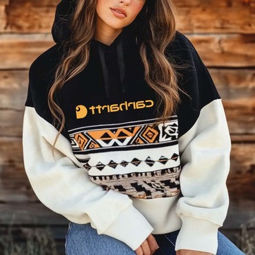 Women's Vintage Ethnic Color Chic Block Oversized Long Sleeve Hoodie