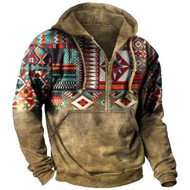 Men's Vintage Ethnic Print Chic Pocket Zip Hoodie