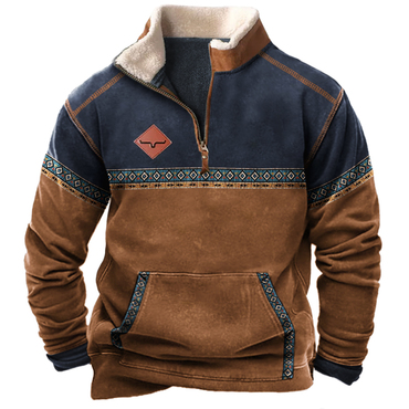 Men's Vintage Western Yellowstone Chic Colorblock Zipper Stand Collar Sweatshirt