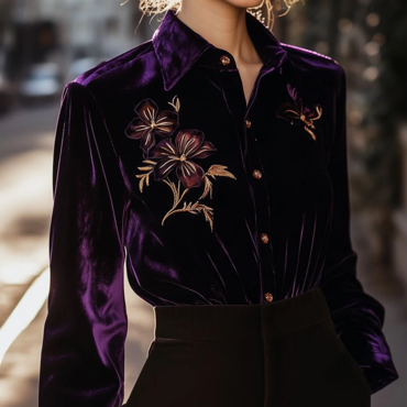 Women's Elegant Velvet Blouse Chic With Purple Floral Embroidery And Button-down Front