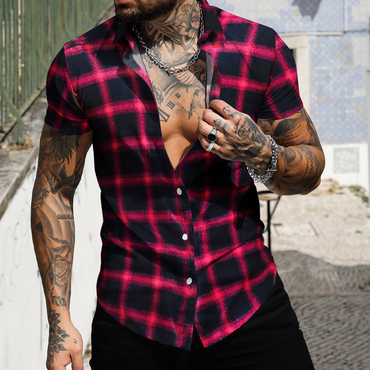 Men's Slim Fit Casual Chic Check Shirt Short Sleeve Cardigan Top