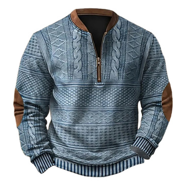 Men's Vintage 3d Print Chic Knit Color Block Henley Zipper Long Sleeve Sweatshirt