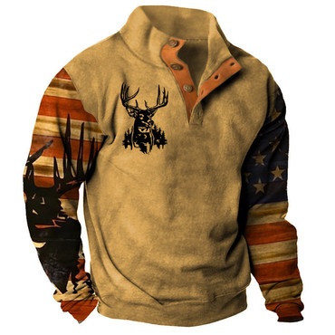 Men's Half Open Collar Chic Sweatshirt Vintage American Deer American Flag Print