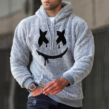 Smiley Embroidered Lamb Velvet Chic Hooded Sweatshirt