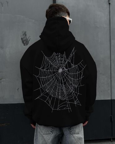 Simple Spider Web Print Chic Black Hoodie