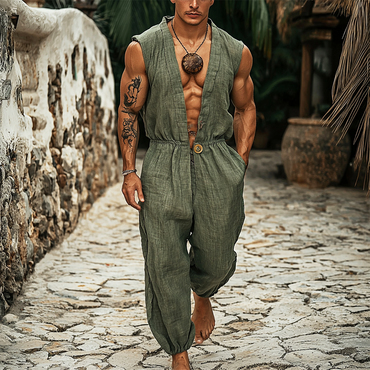 Men's Holiday Linen Breathable Chic Casual Sleeveless Jumpsuit