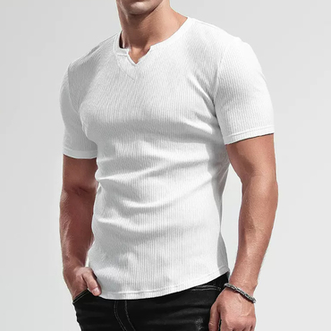 Men's Casual Deep V-neck Chic Slim Short-sleeved T-shirt Pure Cotton Solid Color Stretch Tight Top