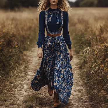 Women's Two-piece Bohemian Pastoral Chic Suspender Floral Dress Autumn And Winter Retro Long Dress Two-piece Set