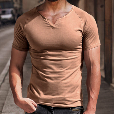 Men's V-neck Solid Color Chic Breathable T-shirt Casual Retro Outdoor Motorcycle Top