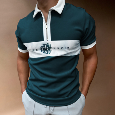 Men's Casual 'eat Your Chic Water' Print Color Matching Short Sleeve Zipper Polo Shirt