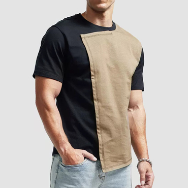 Men's Casual Personality Irregular Chic Short-sleeved T-shirt Men's Pure Cotton Stitching Contrasting Color Asymmetric Top