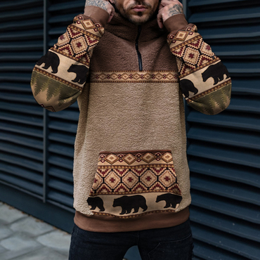 Retro Men's Casual Bear Chic Geometric Ethnic Print Collage Sherpa Hoodie