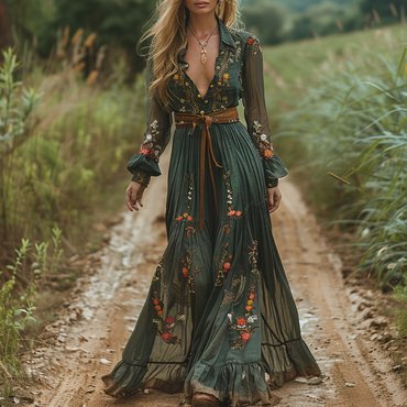 Vintage Boho Dresses V-neck Chic Linen Women's Long-sleeved Long Dress Pastoral Style Linen Maxi Dress