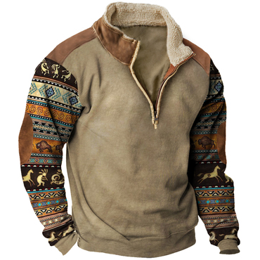 Men's Retro Ethnic Print Chic Contrast Zipper Stand Collar Pullover