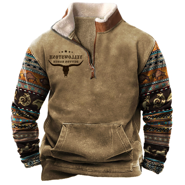 Men's Vintage Western Yellowstone Chic Colorblock Zipper Stand Collar Sweatshirt