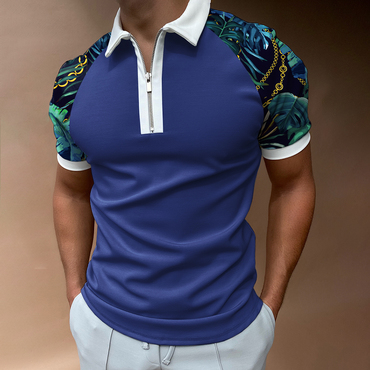 Men's Casual Chain Pattern Print Chic Color Matching Short Sleeve Zipper Polo Shirt