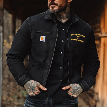 Men's Vintage Yellowstone Embroidery Chic Western Cowboy Pocket Lapel Collar Outdoor Work Duck Detroit Cargo Shirt Jacket