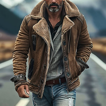 Men's Vintage Leather And Chic Lambswool Western Warm Casual Leather Jacket