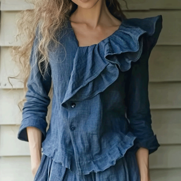 Women's Linen Asymmetric Ruffle Chic Plain Shirt