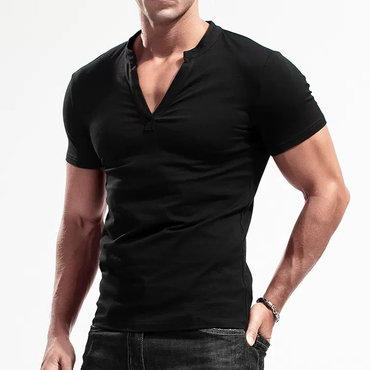 Men's Casual Deep V-neck Chic Slim Short-sleeved T-shirt Pure Cotton Solid Color Stretch Tight Top