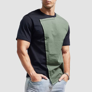 Men's Casual Personality Irregular Chic Short-sleeved T-shirt Men's Pure Cotton Stitching Contrasting Color Asymmetric Top