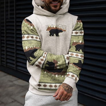 Men's Casual Bear Ethnic Chic Geometric Colorblock Hooded Sweatshirt