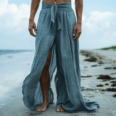 Men's Casual Retro Linen Chic Trousers Holiday Seaside Slit Ethnic Style Long Linen Trousers