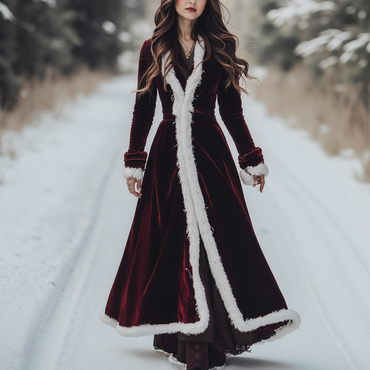 Women's Velvet Fur Collar Chic Long Coat