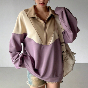 Women's Fashion Patchwork Contrasting Chic Color Polo Collar Casual Loose Sweatshirt