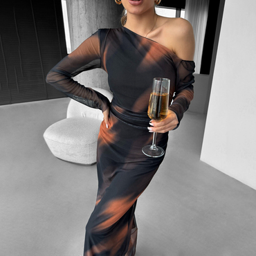 Women's Sexy See-through Mesh Print Chic Asymmetric One-shoulder Skinny Maxi Dress