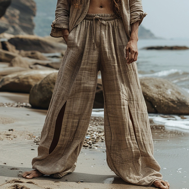 Men's Casual Retro Linen Chic Trousers Holiday Seaside Ethnic Style Elegant Long Linen Trousers