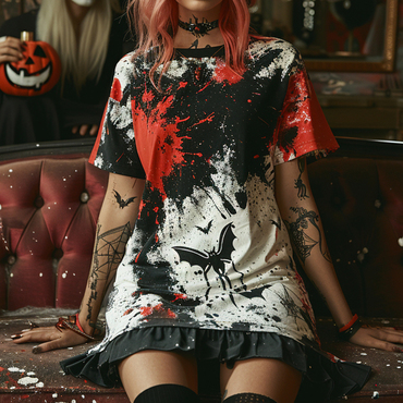 Oversized Halloween T-shirt Pumpkin Chic Bat Tie-dye T-shirt Gothic Dark T-shirt